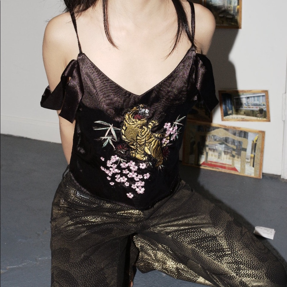 Faux Silk Camisole with Tiger Embroidery